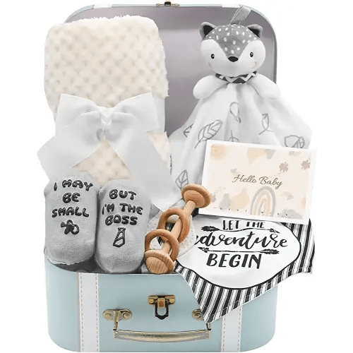 Baby Shower Gifts, Baby Boy Gifts Basket Includes Newborn Blanket Baby Lovey Security Blanket Wooden Rattle Toy, Funny Baby Bibs Socks & Greeting Card - Baby Gift Set Newborn Shower Basket