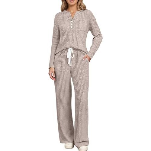Drymnoc Womens Long Sleeve Pajama Sets With Pockets 2 Piece Lounge Set Outfits Matching Sweat Suits Casual Sweater Long Pants