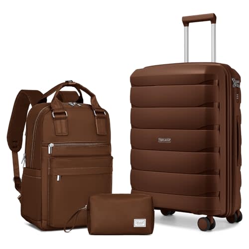 22 Inch Carry On Luggage, 3-piece Luggage Set Carry-on Suitcase | 22x14x9 Airline Approved, PP Lightweight Luggage, 360° Spinner Wheels, Carry On Luggage Set 3 Piece With Backpack, Mocha