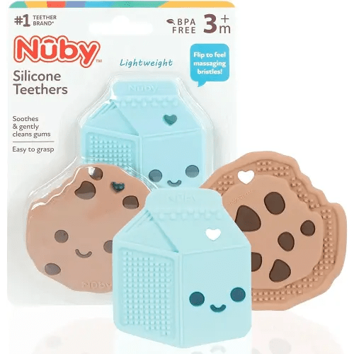 Nuby All Silicone Chocolate Chip Cookie & Milk Carton Teether – 2 Pack, 3+ Months