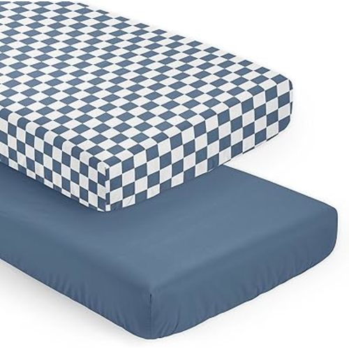 Sweet Jojo Designs 2-Piece Baby Crib Sheets Set (Blue Gingham Checkered Plaid) for Boys, Infant Nursery, Toddler Room - Fitted, Standard Size (Solid Color Steel & Vintage, Classic Checkerboard, Retro)