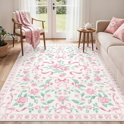 GENIMO 5x7 Pink Area Rug for Girls Bedroom, Washable Pastel Floral Bow Rug