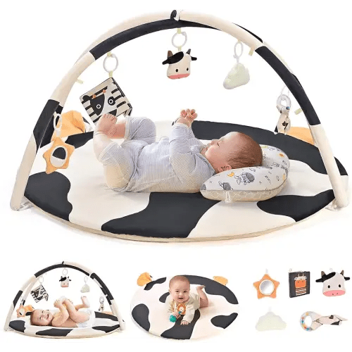 2PM SPORTS Cow Theme Baby Play Mat, Tummy Time Mat for Infant Newborn, Baby Play Gyms & Playmats for 0-3 3-6 6-12 Months, Activity Mat 5 Detachable Toys, Non Slip Gym Mat Easy to Install & Clean