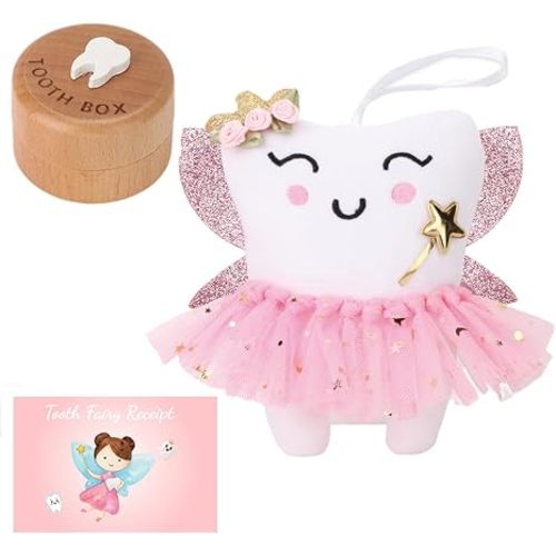 SQIMZAR Tooth Fairy Pillow,Tooth Fairy Plush Dolls Gifts for Girls with Pocket and Glittering Wings,Kit Includes a Plush Doll,Box and Certificate