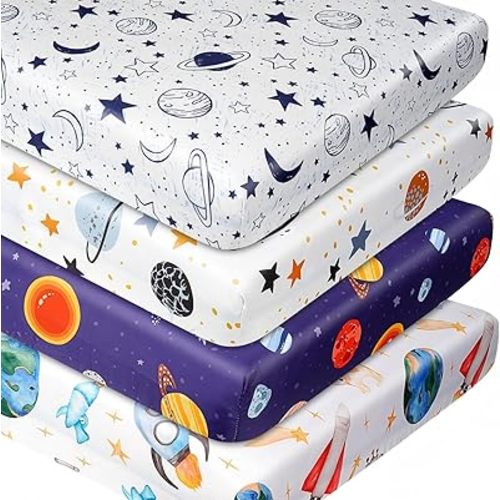 Fitted Baby Crib Sheets Set of 4, Unisex Crib Sheets for Boys Girls, Soft Neutral Crib Mattress Sheet, Breathable for Standard Crib and Toddler Mattress, 52 x 28 Inch (Space Planet)