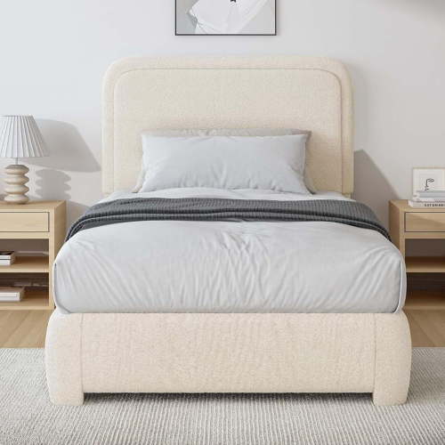 4 EVER WINNER Twin Size Bed Frame, Boucle Upholstered Bed Frame with Headboard, No Box Spring Required, Easy Assembly, Cream