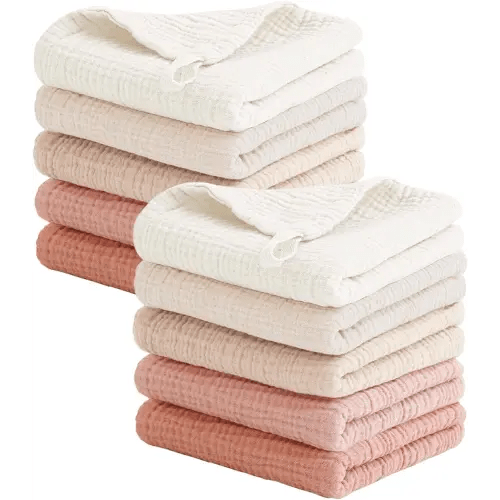 Konssy 10-Pack Muslin Baby Washcloths,100% Cotton Baby Wash Cloths for Newborn Kids Girls & Boys, Soft & Absorbent Washcloths