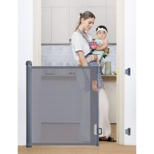 Retractable Mounted Extra Wide and Long Mesh Baby Gate Gray 41-in H X 55-in L