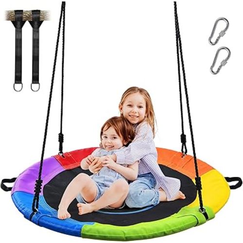 Trekassy 700lb 40" Saucer Tree Swing for Kids Adults Outdoor Textilene with 2pcs Tree Hanging Straps-Rainbow