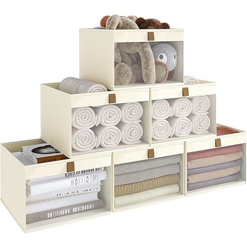 Linen Closet Organizers and Storage, Closet Storage Bins Basket Organizer, Foldable Organization Baskets with Mesh Window for Clothes Towels and Toys, 14.5" x 14.5" x 10.25", Beige, 6 pack