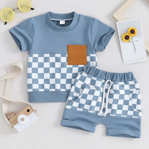 Newborn Baby Girl Boy Summer Clothes Checkered Plaid Short Sleeve T-Shirt Tops Shorts Set Color Block Outfit