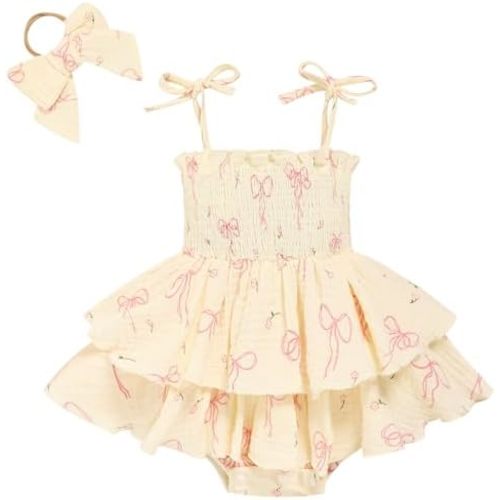 TITKKOP Baby Girl Summer Outfits Infant Double Romper - Sleeveless Bodysuit & Cake Smash Outfit