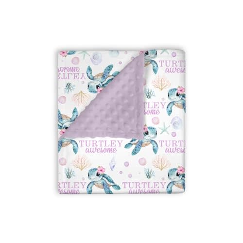 Mink Baby Girl Blanket Purple Under the Sea Turtle, Turtley Awesome Ocean Animal Soft Double Layer Dott Backing Receiving Swaddle, Newborn Infant Toddler Nursery Crib Bedding Shower Gift 30x40