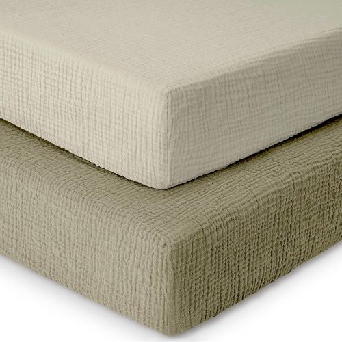 Standard Crib Sheets, Muslin Crib Sheets, 100% Cotton Crib Sheet Fitted, for Girls, Boys, 2 Pack, Muslin Crib Sheet for Standard Crib, 52x28 Crib Mattress Sheets | Olive and Ecru