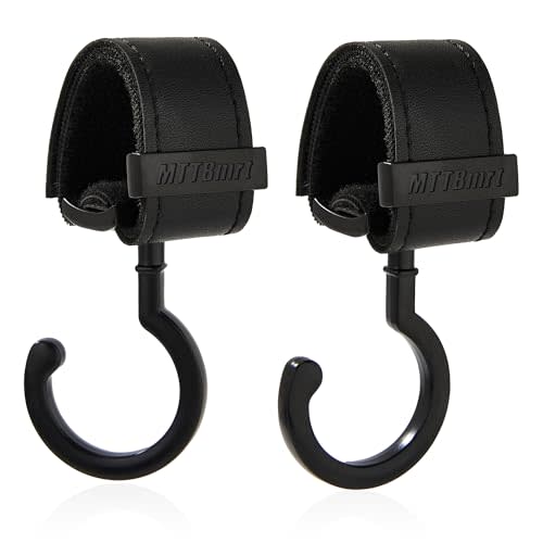 2 Pack Stroller Hooks,Strong Synthetic Leather Hook-and-Loop Fastener&High-Quality Metal Hooks,Universal Bag Clip|360° Rotation, 66lb Capacity,Non-Slip-Fits Wheelchair(Black-Black)