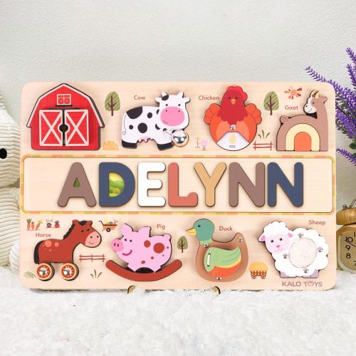 Personalized Wooden Name Puzzle, Busy Board, Montessori Farm Animal Toys, Baby Gift, Baby Girl- Boy Toys, Gift for Kid, First Birthday Gift