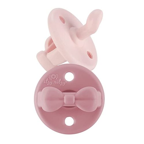 Itzy Ritzy Silicone Orthodontic Pacifiers - Itzy Soother Pacifiers with Collapsible Handle & Two Air Holes for Added Safety, Baby Pacifier For Ages 0-6 Months (Ballet Slipper & Primrose)