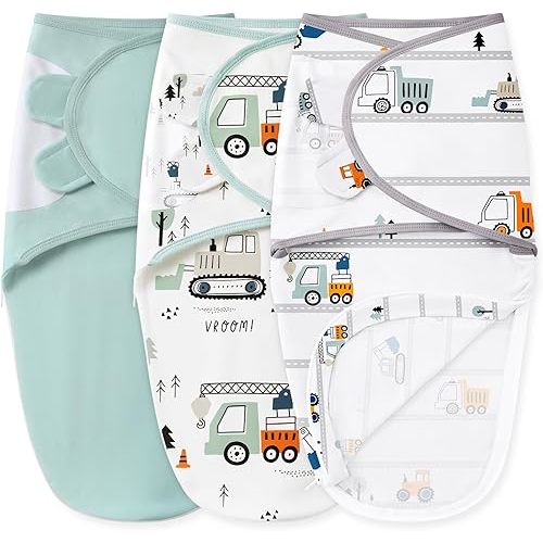Baby Swaddles for Newborns with Zipper, 100% Cotton Newborn Swaddle Sack, 3 Pack Baby Swaddles 0-3 Months Swaddle Sleep Sack for Newborn Baby Boy Girl Green Excavator