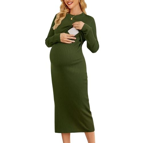 OUGES Women's Wool Blend 2025 Maternity Sweater Nursing Dress Long Sleeve Crew Neck Slim Fit Ribbed Knit Midi Fall Dress