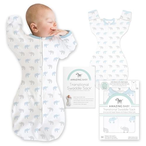 Amazing Baby Transitional Swaddle Sack, Cotton, Tiny Elephants Blue, 0-3mo | Arms Up Half-length Sleeve Partially Suppress Moro reflex, Most Gradual Transition Swaddle for Newborn, Safe for Rolling Baby