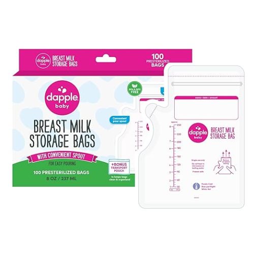 Dapple Breast Milk Storage Bags with East Pour Spout, Leakproof Double Zipper, BPA-Free, Pre-Sterilized, Temperature Sensor, Freezer-Safe, Pump Directly Into Bag, 8oz, 100ct