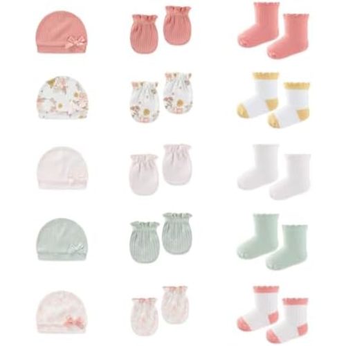 15 Pack Infant Hats Gloves Socks Unisex Baby Boy Girl Accessories Set Cotton New Born Caps Mittens