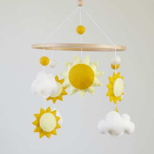 Handmade Felt Baby Mobile: Yellow Sun & Cloud Nursery Decor