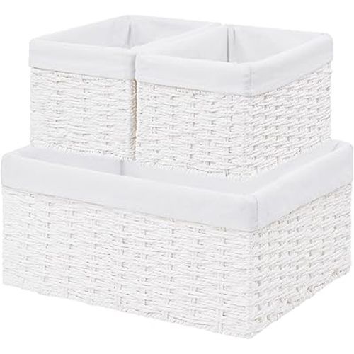 Vagusicc Wicker Basket, Set of 3 Hand-woven Storage Baskets for Organizing, Decorative Rectangle Wicker Storage Basket Bins with Handles, Small Toilet Paper Storage Baskets for Shelves & Decor, White