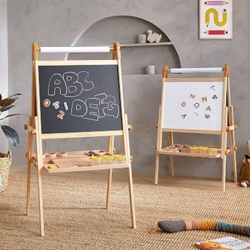 Tiny Land Foldable Wooden Art Easel for Kids, with Chalkboard & Whiteboard