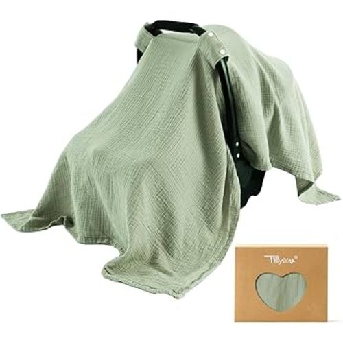 TILLYOU Baby Car Seat Cover, Breathable Muslin Cotton Infant Car Seat Cover, Lightweight Canopy with Sun and Bug Protection(Green)