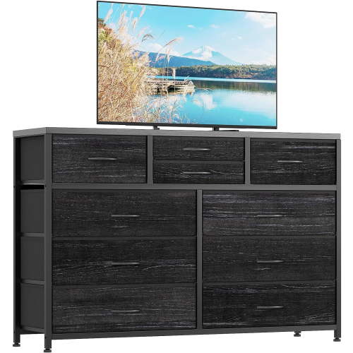 Dresser for Bedroom TV Stand for 55” TV, Entertainment Center with 10 Drawers, Storage Organizer Unit for Living Room, Closet, Entryway, Hallway (Black Willow)