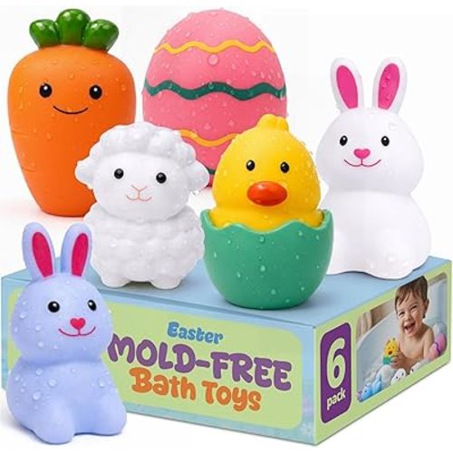 ArtCreativity Easter Basket Stuffers for Toddlers, Mold Free Bath Toys, 6 Pack, No Hole Easter Bath Toys, Soft Squeezable Bathtub Toys for Baby & Toddler, Great Easter Gifts for Kids 6 Month+