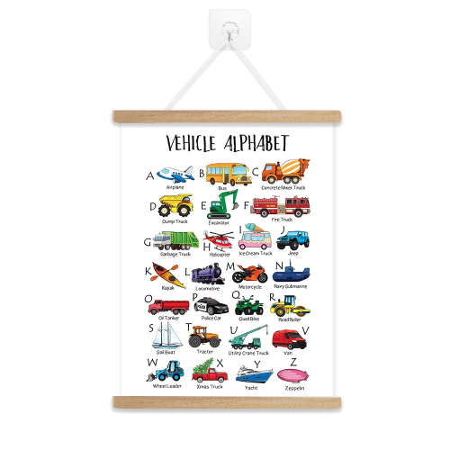 WIRESTER Alphabet Educational Poster Hanger Frame Alphabet Wall Art for Nursery Kids Room Playroom Classroom Preschool Décor - Vehicle Alphabet