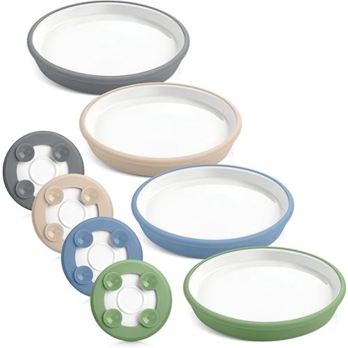 Domensi 4 Sets Kids Porcelain Plates with Silicone Suction Sleeve Toddler Suction Plates Baby Porcelain Snack Dishes for Kid Toddler Baby Self Feeding Microwave Dishwasher Safe (Classic Color)