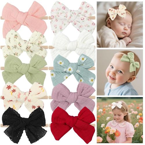 4" Handmade Baby Girl Bows and Headbands,10 pcs Strechy Soft Nylon Hairbands Hair Bows for Newborns Infants Toddlers Elastic Baby Hair Accessories for Girls Gifts