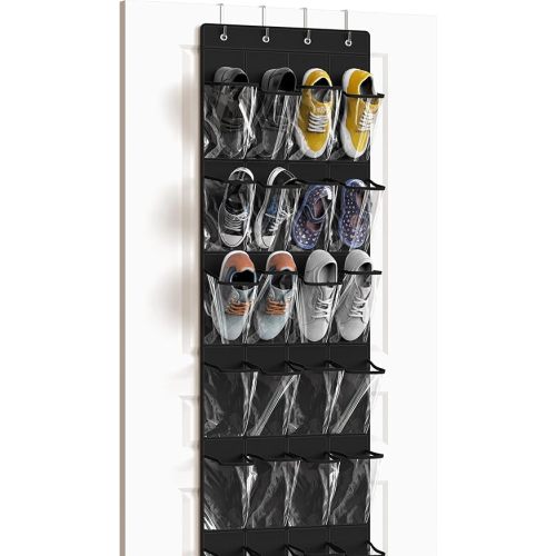 Simple Houseware 24 Pockets - Crystal Clear Over The Door Hanging Shoe Organizer, Black (64'' x 19'')