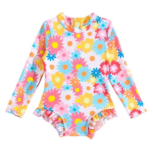 MEZZALL Baby Girls Swimwear Monokini Back Zipper Bathing Suits Long Sleeve Ruffle Girl Full Cover Flower Print Relaxed Fit Beachwear, 18-24 Months