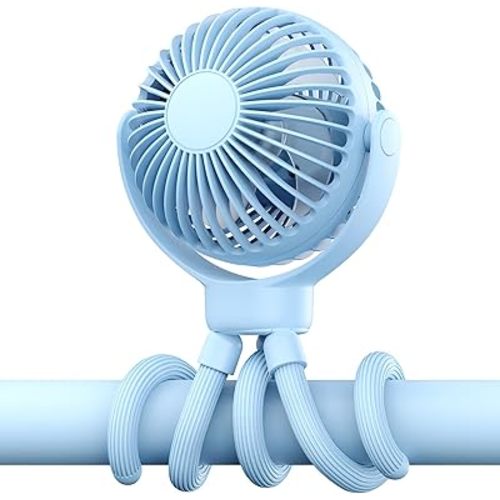 Portable Baby Stroller Fan - 3-Speed Flexible Tripod Personal Fan Clip on for Bed, Rechargeable Battery Powered, Newborn Summer Cooling Essentials for Car Seat, Bike, Sleep, Travel (Blue)