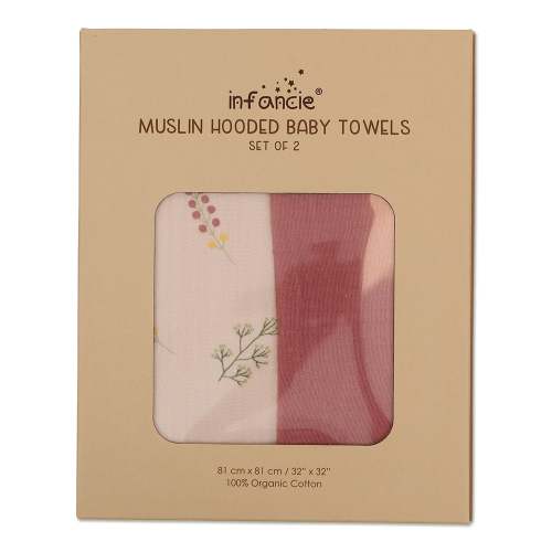 BABY FACTORY Infancie Organic Muslin Hooded Baby Towels 2-pack Pink Floral/rose
