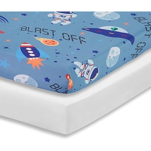 Everyday Kids 2 Pack Fitted Boys Crib Sheet, 100% Soft Breathable Microfiber Baby Sheet, Fits Standard Size Crib Mattress 28in x 52in, Nursery Sheet - Space/White