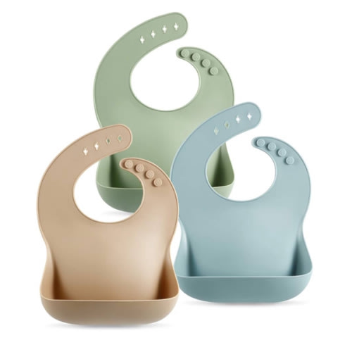 PandaEar Set of 3 Silicone Baby Bibs Waterproof, Soft, Unisex, 10-72 Months (Brown/Blue/Green)