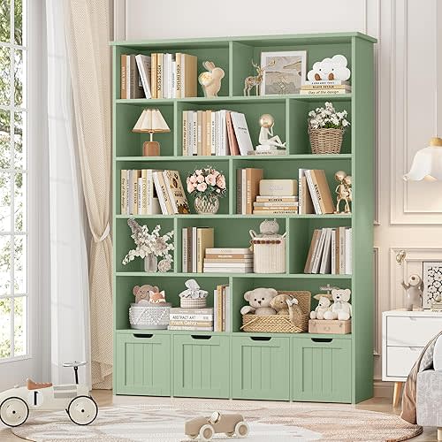 FINETONES 69" H Toy Storage Organizer, 6 Tier Tall Kids Bookshelf with 4 Movable Drawers and 12 Storage Cubbies, 49.4" W Toy Organizers and Storage Organizer Playroom Storage for Kids Room, Green