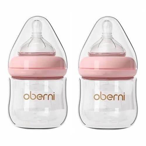 Oberni Glass Baby Bottles,Anti Colic Breastfeeding Bottle with Natural Response Nipple Size S,Wide Neck Slow Flow Baby Bottle for Baby,Newborn,Preemie 0-3 0-6 Month,BPA Free (Pink, 2 Pack, 4 Ounce)