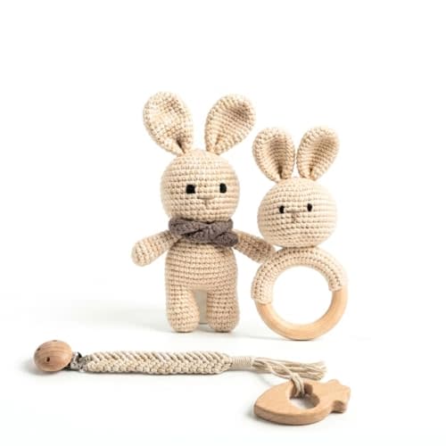 Organic Crochet Bunny Baby Rattle Toy - Handmade Newborn Gift Set with Teether & Pacifier Holder - BPA-Free Organic Cotton New Baby Gift - Infant Sensory Toy for Girls Boys 0-12 Months