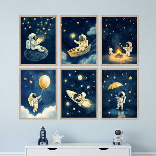 Space Framed Wall Art Set of 6 - Dreamy Astronaut Nursery & Kids' Room Decor