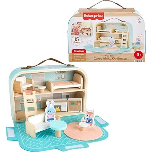 Fisher-Price Wood Pretend Play Toy Dollhouse Carry Along, 15-Piece Wooden Portable Playset for Travel Preschool Kids Ages 3+ Years