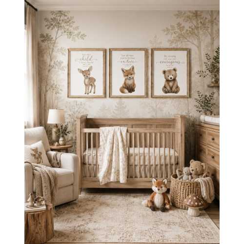 Bible Verse Nursery Wall Art Set of 3, Fox Bear Deer Prints or Canvas, Cute Woodland Nursery Decor, Christian Baby Room Wall Art