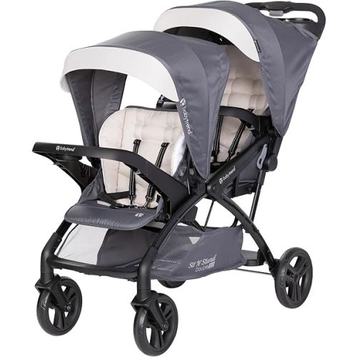 Baby Trend Sit N' Stand Tandem Double Stroller 2.0 DLX with 5 Point Safety Harness, Shaded Canopy, 2 Cup Holders, and Ample Storage Space, Magnolia