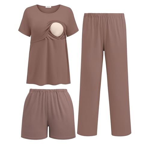 Ekouaer 3 Piece Postpartum Nursing Pajamas Set Short Sleeve Breastfeeding Shirts Pregnancy Shorts & Pants Maternity Pjs