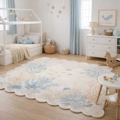 Ocean Theme Kids Rug Scalloped Shape Soft Pastel Coral Blue Nursery Area Rug